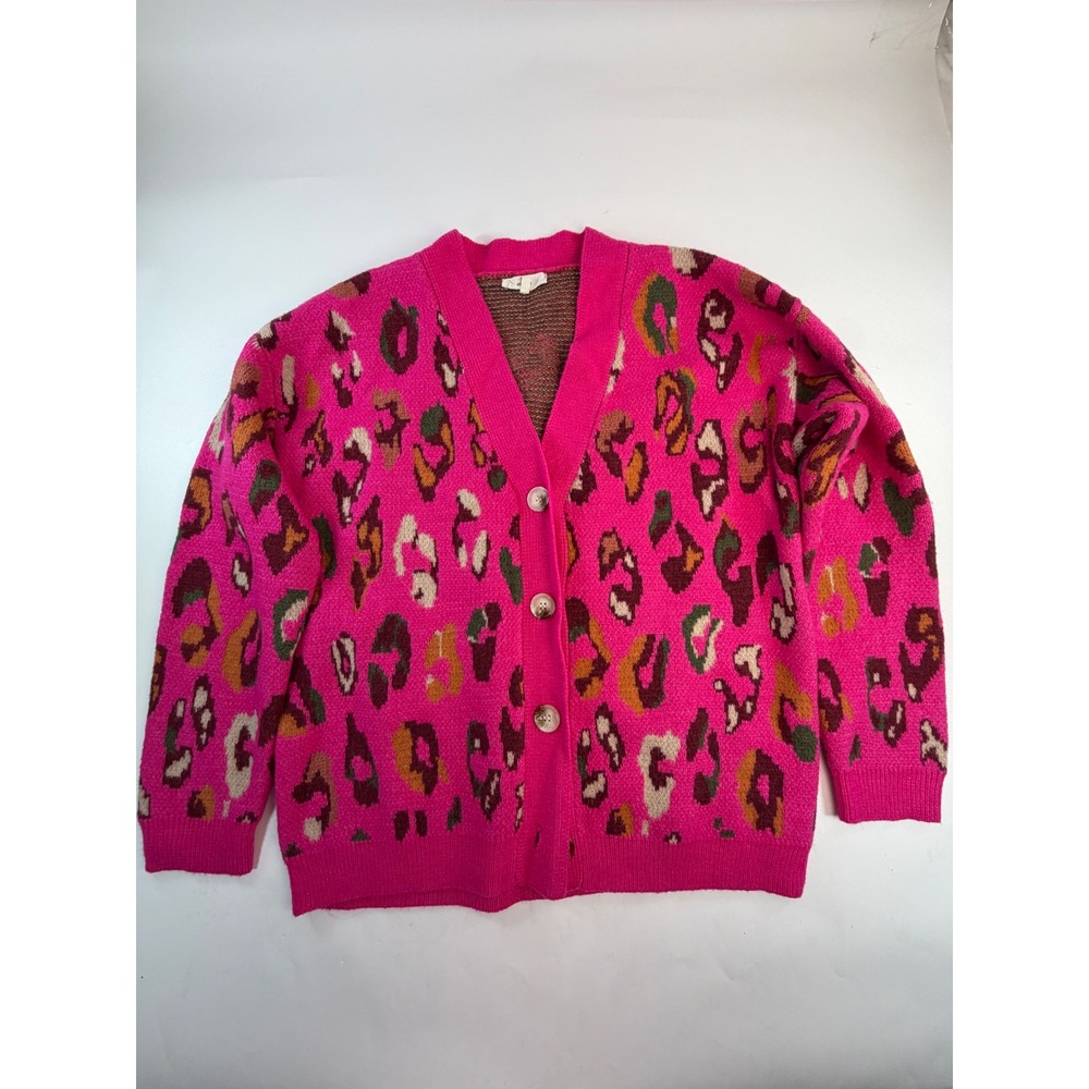 Entro Hot Pink Leopard Print Cardigan V-Neck Button Front Knit Sweater Womens M